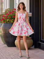 Pink A Line Floral Satin Short Wedding Guest Dress - Curvevia