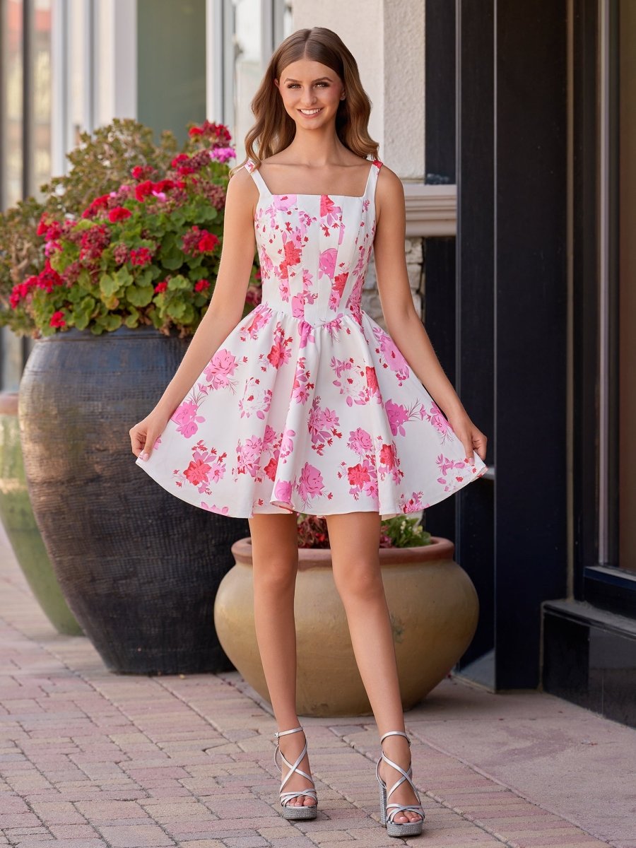 Pink A Line Floral Satin Short Wedding Guest Dress - Curvevia