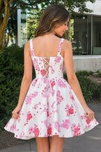 Pink A Line Floral Satin Short Wedding Guest Dress - Curvevia