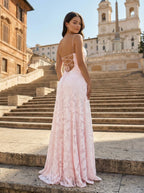 Pink A-Line Lace Floral Spaghetti Straps Long Prom Dresses - Curvevia