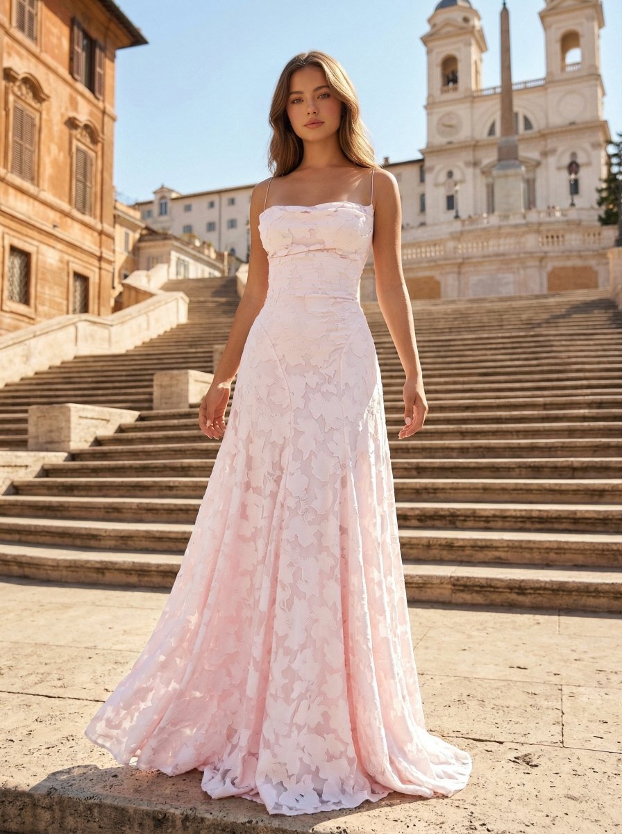 Pink A-Line Lace Floral Spaghetti Straps Long Prom Dresses - Curvevia