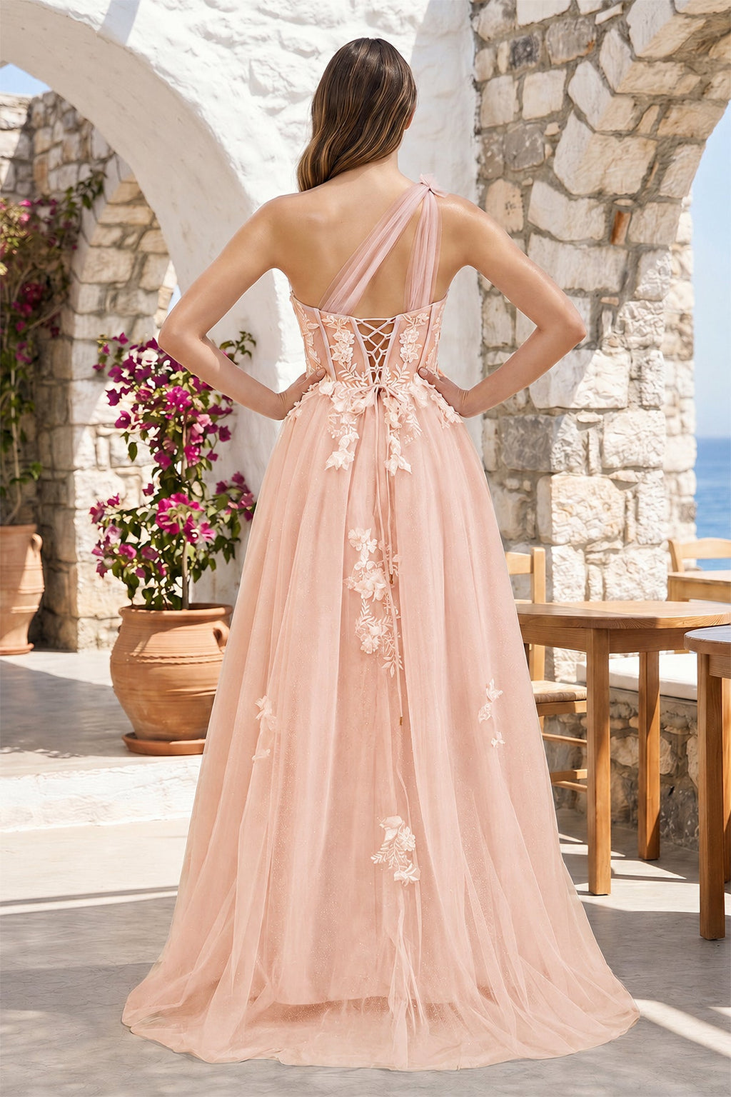 A Line One Shoulder Black Long Prom Dress with Appliques - Curvevia