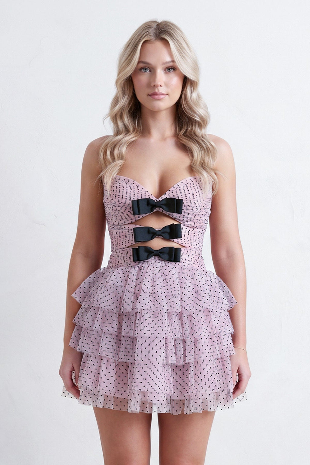 Pink - A Line Strapless Dot Tulle Ruffle Wedding Guest Dress With Bow - Curvevia