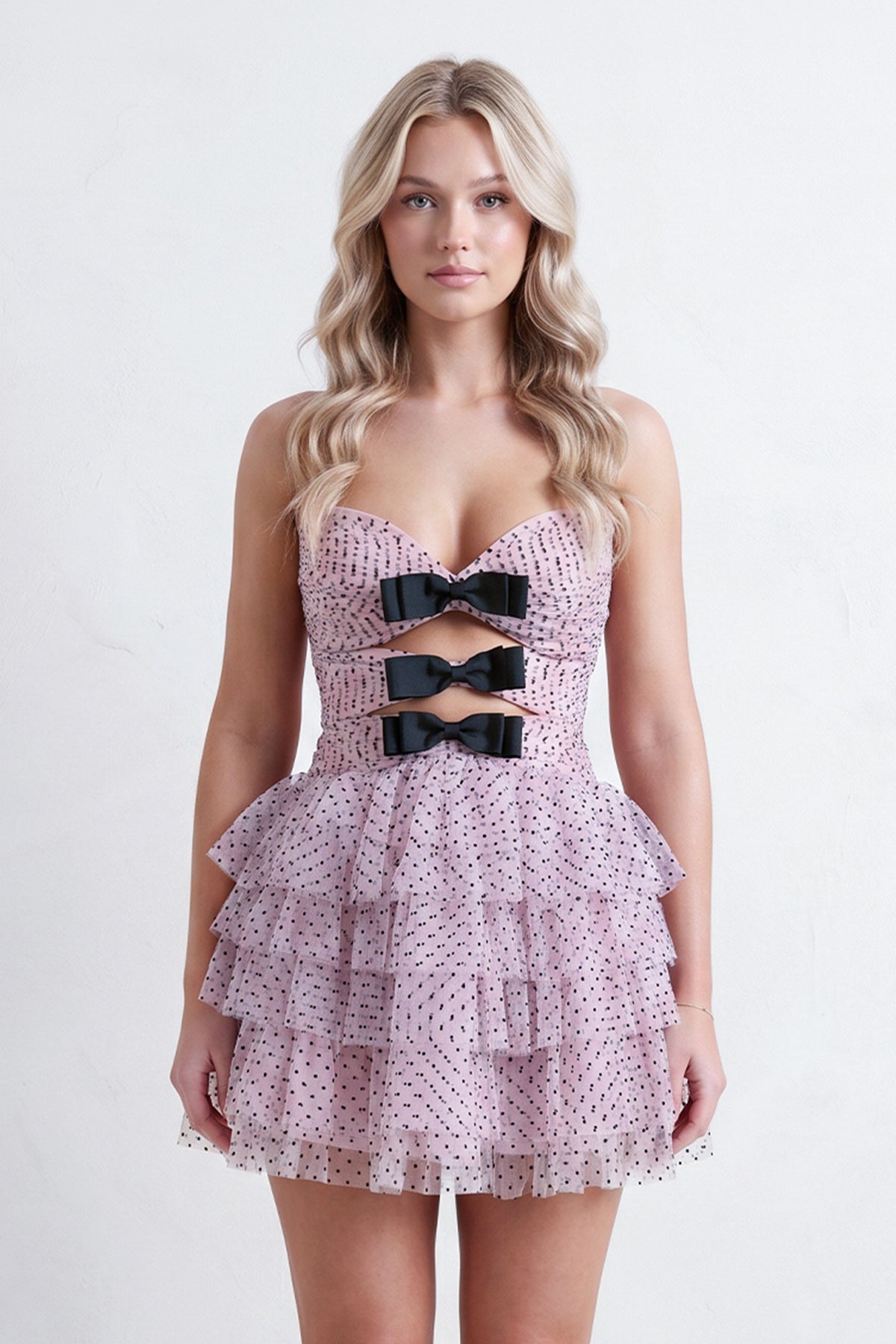 Pink - A Line Strapless Dot Tulle Ruffle Wedding Guest Dress With Bow - Curvevia