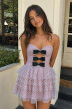 Pink - A Line Strapless Dot Tulle Ruffle Wedding Guest Dress With Bow - Curvevia