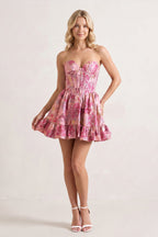 Pink - A Line Sweetheart Brocade Textured Corset Homecoming Dresses with Ruffles - Curvevia