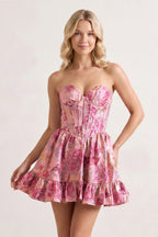 Pink - A Line Sweetheart Brocade Textured Corset Homecoming Dresses with Ruffles - Curvevia