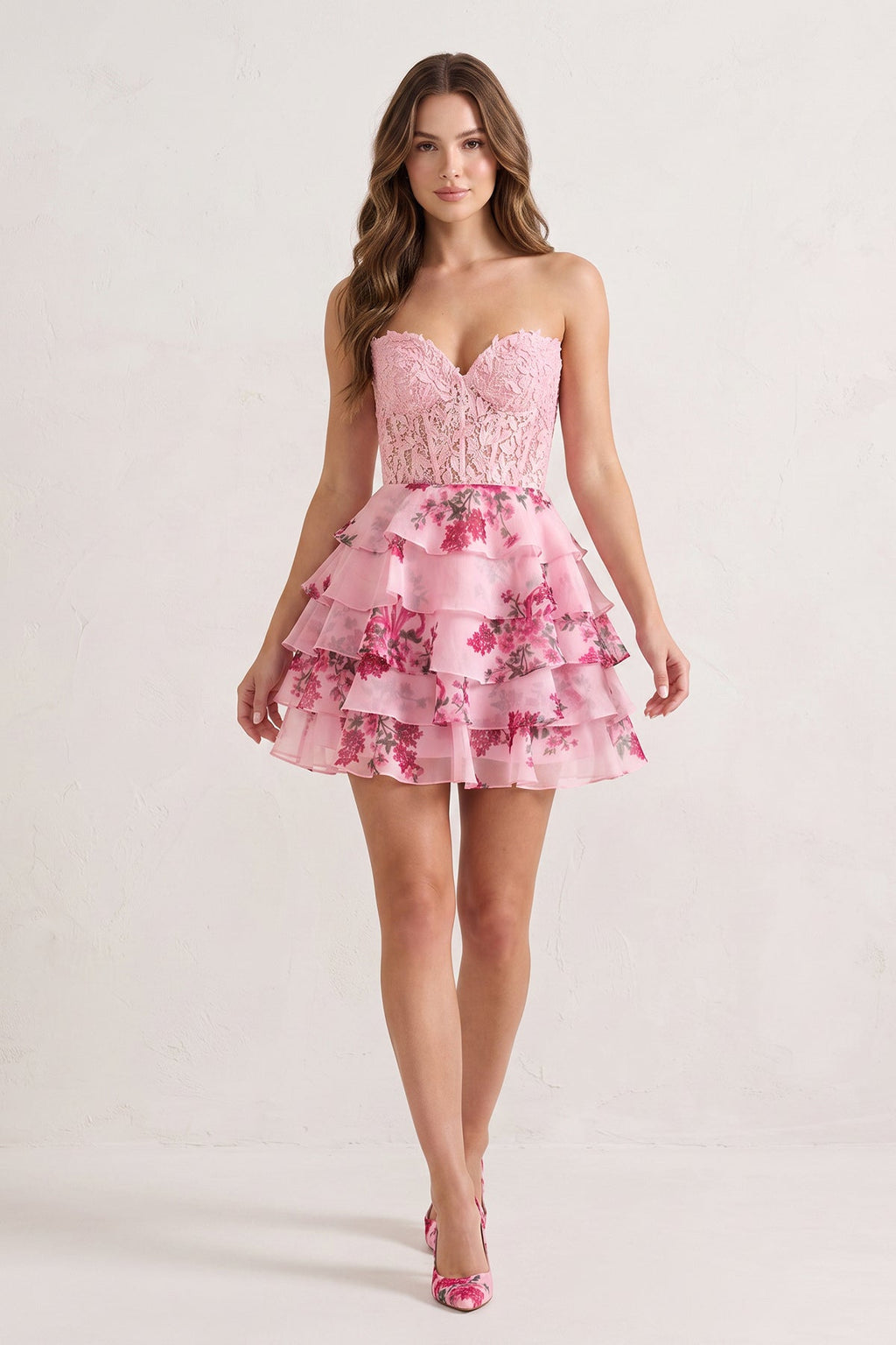Sky Blue A Line Sweetheart Floral Lace Corset Ruffled Wedding Guest Dress - Curvevia