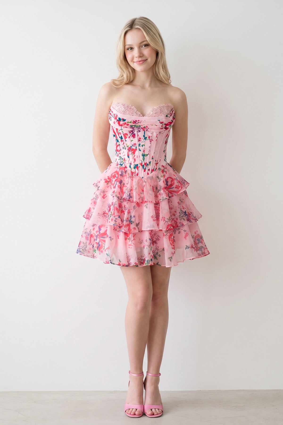 Sky Blue A Line Sweetheart Floral Chiffon Corset Ruffled Wedding Guest Dress - Curvevia