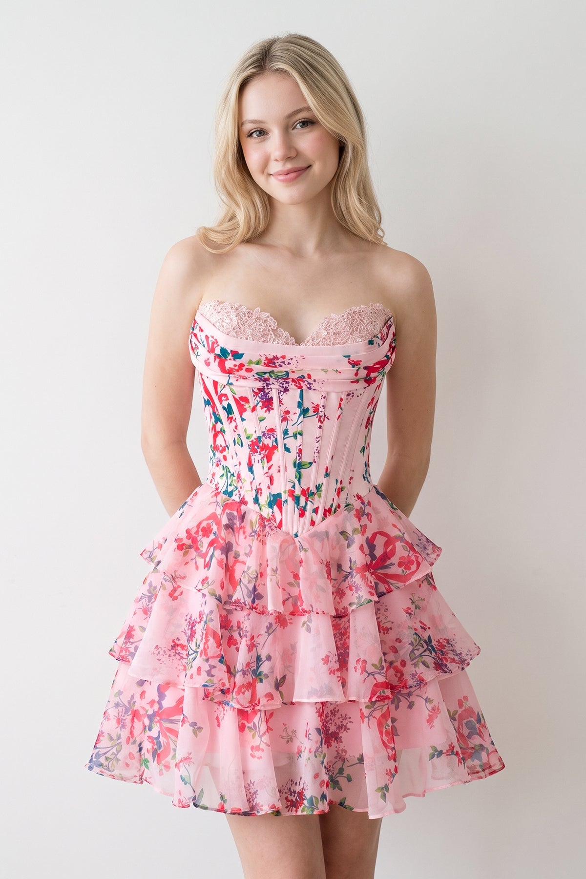 Sky Blue A Line Sweetheart Floral Chiffon Corset Ruffled Wedding Guest Dress - Curvevia