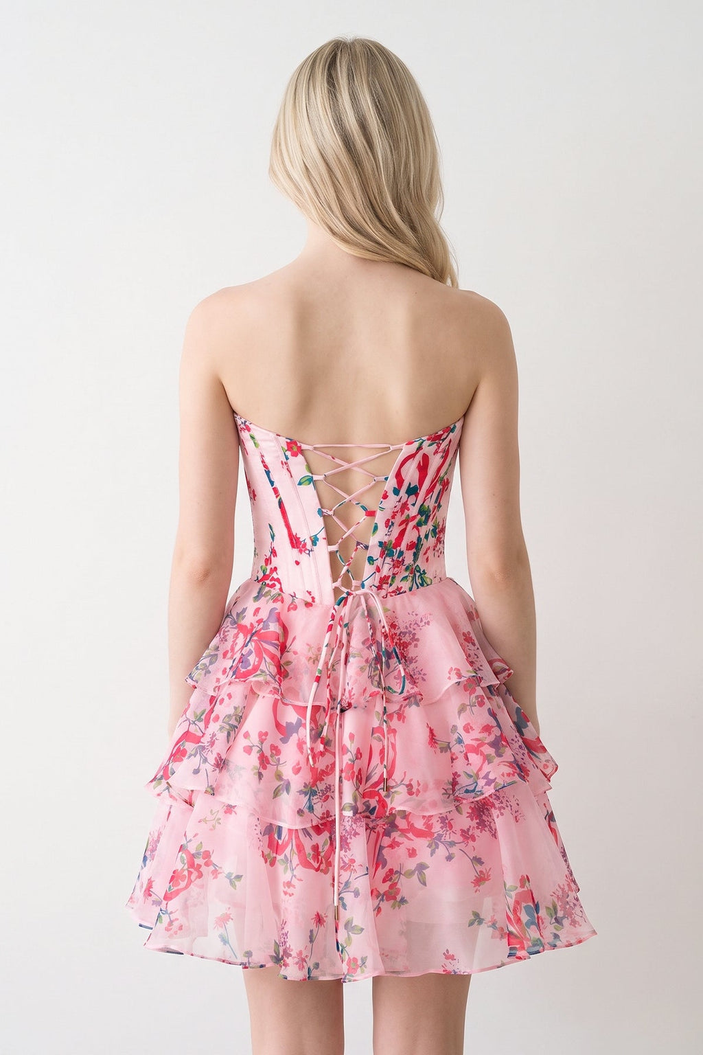 Sky Blue A Line Sweetheart Floral Chiffon Corset Ruffled Wedding Guest Dress - Curvevia