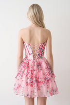 Sky Blue A Line Sweetheart Floral Chiffon Corset Ruffled Wedding Guest Dress - Curvevia