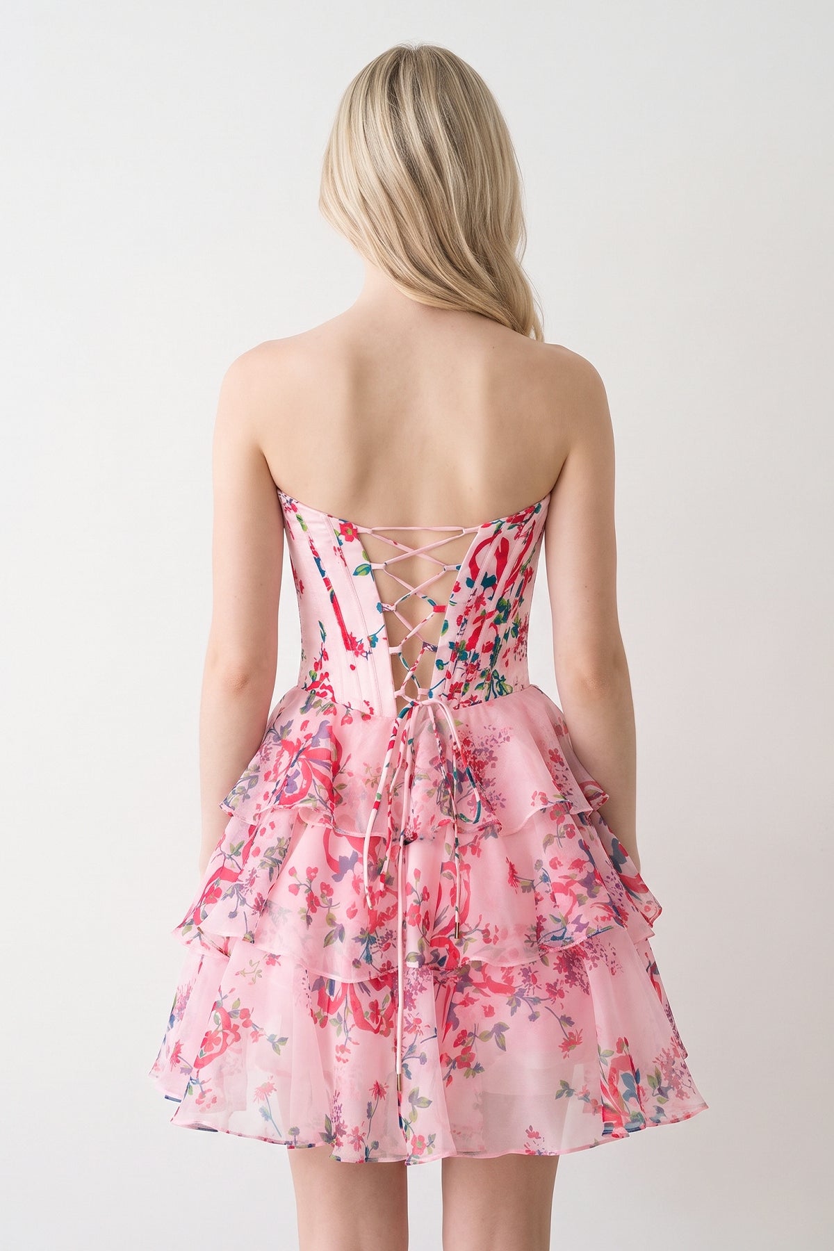 Sky Blue A Line Sweetheart Floral Chiffon Corset Ruffled Wedding Guest Dress - Curvevia