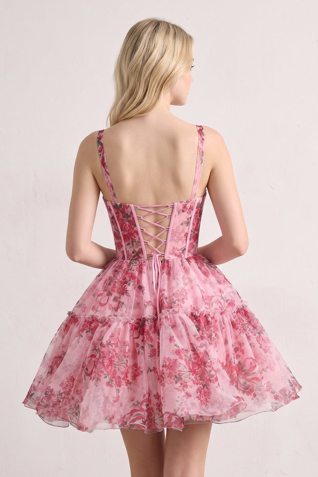 Pink - A Line Sweetheart Floral Tulle Short Wedding Guest Dress - Curvevia