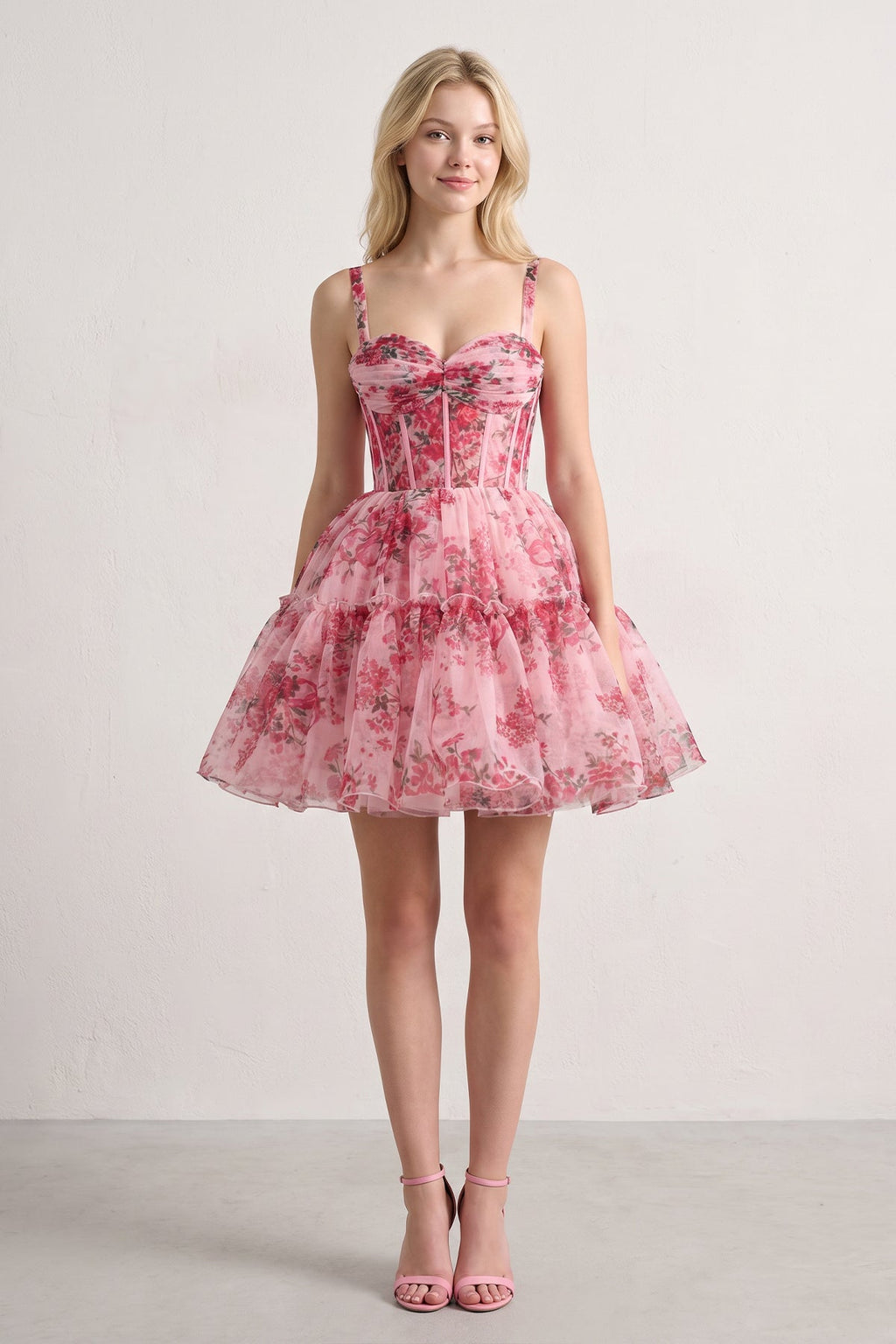 Pink - A Line Sweetheart Floral Tulle Short Wedding Guest Dress - Curvevia