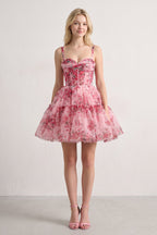 Pink - A Line Sweetheart Floral Tulle Short Wedding Guest Dress - Curvevia