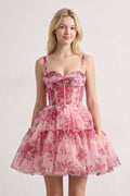 Pink - A Line Sweetheart Floral Tulle Short Wedding Guest Dress - Curvevia