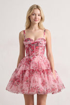 Pink - A Line Sweetheart Floral Tulle Short Wedding Guest Dress - Curvevia