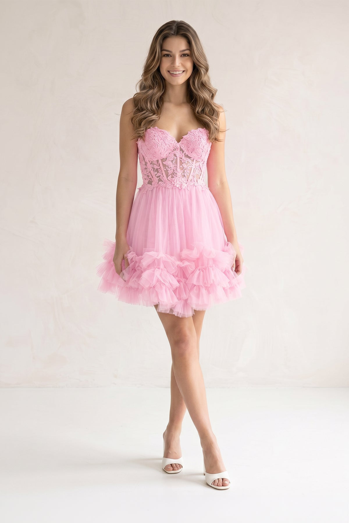Pink A-Line Sweetheart Ruffle Tulle Homecoming Dress With Appliques - Curvevia