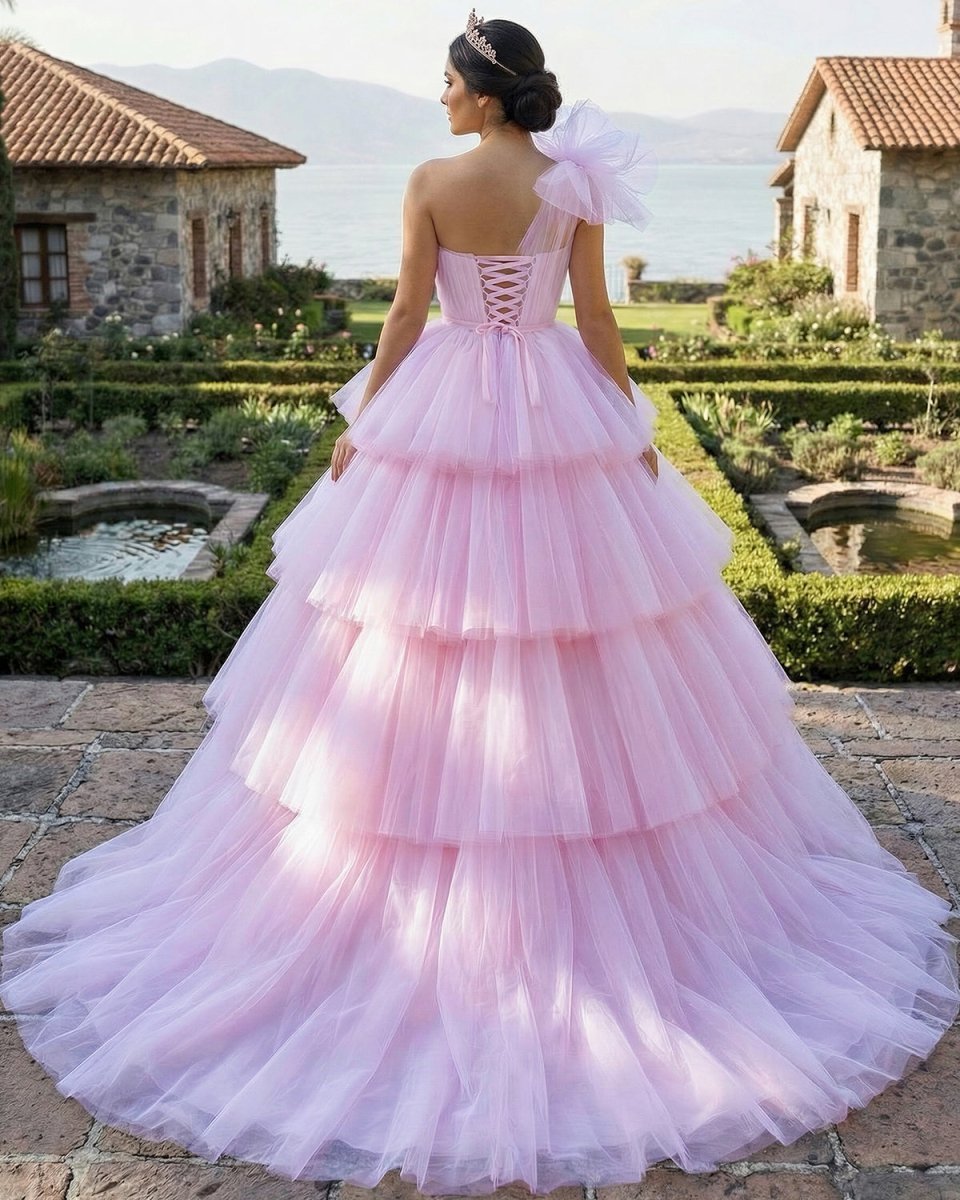 Pink A-line Tiered One Shoulder Tulle Ball Gown Pink Quinceanera Dresses - Curvevia