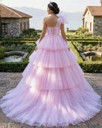 Pink A-line Tiered One Shoulder Tulle Ball Gown Pink Quinceanera Dresses - Curvevia