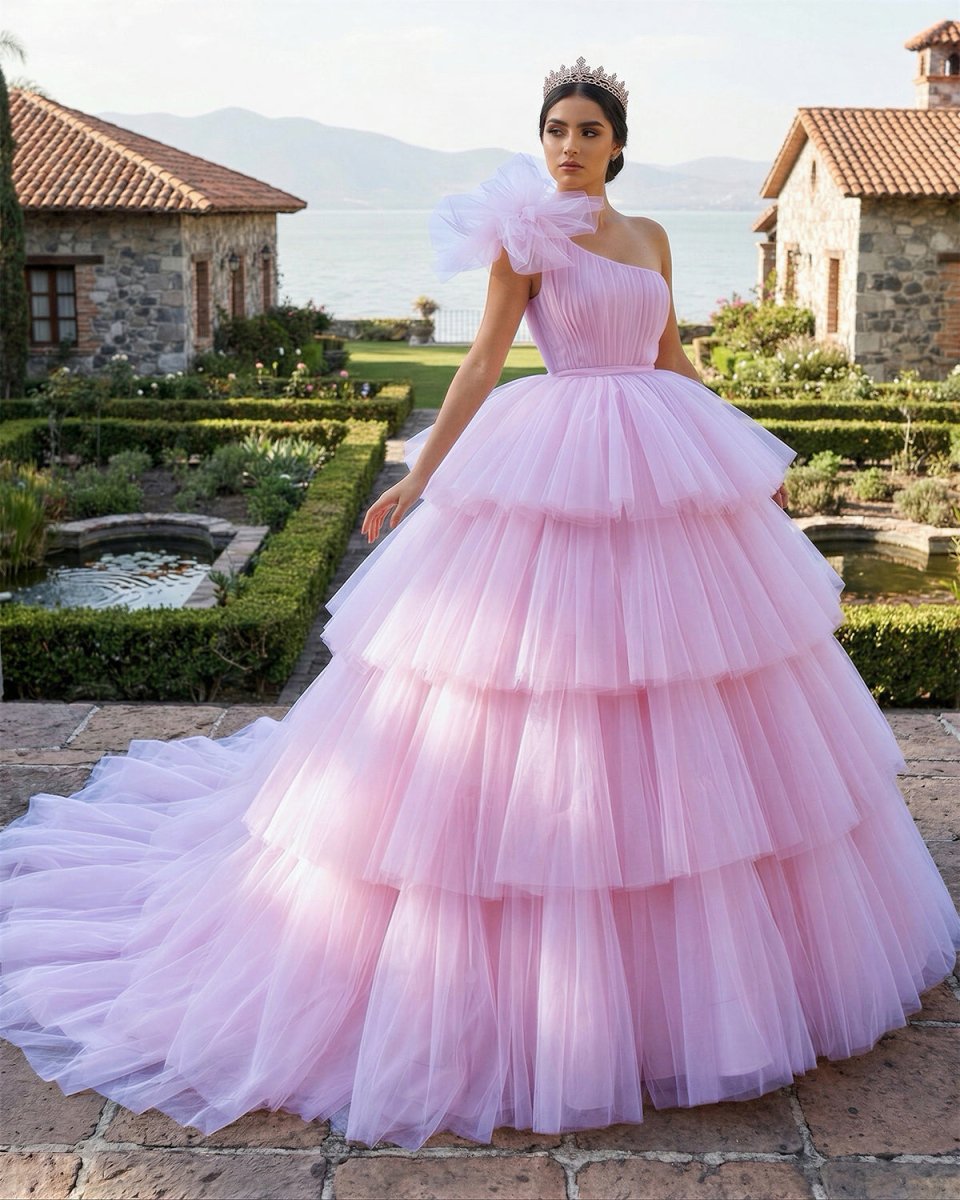 Pink A-line Tiered One Shoulder Tulle Ball Gown Pink Quinceanera Dresses - Curvevia