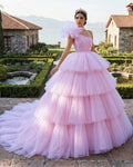 Pink A-line Tiered One Shoulder Tulle Ball Gown Pink Quinceanera Dresses - Curvevia