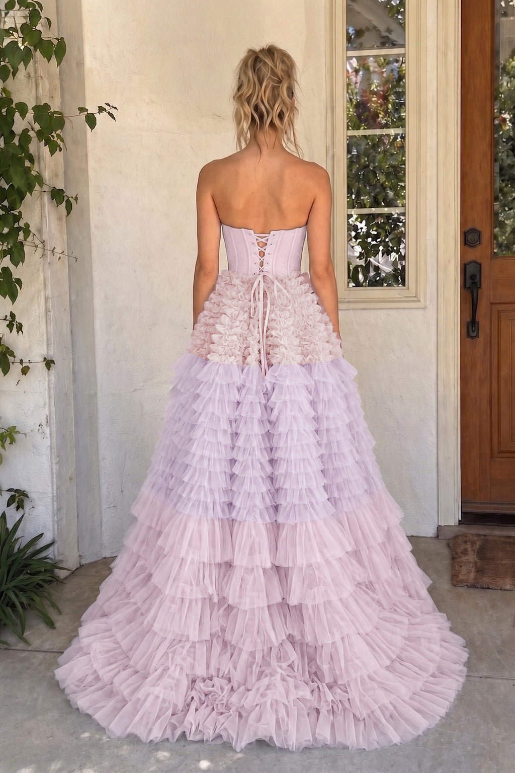 A Line Sweetheart Tiered Ruffled Tulle Long Prom Dress - Curvevia