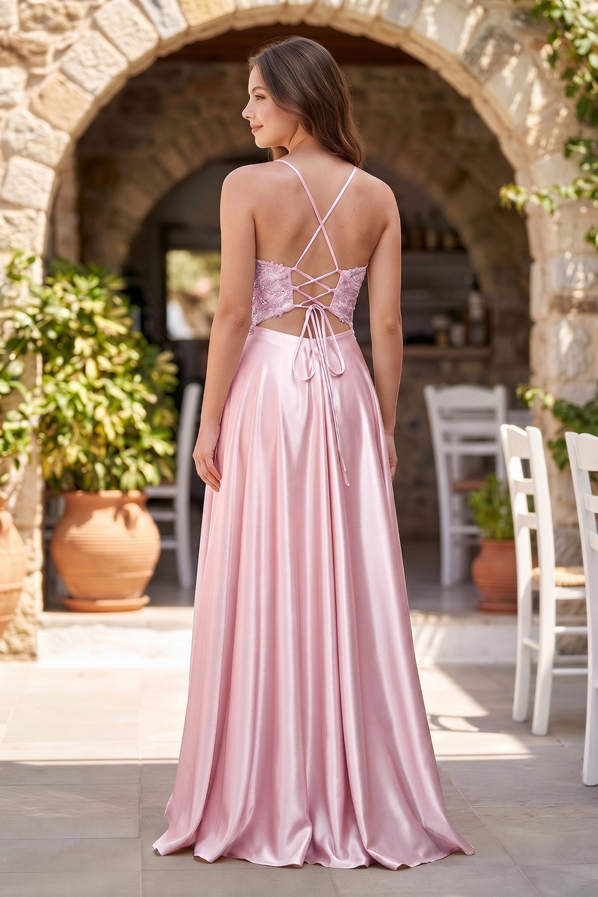 A-Line V-Neck Satin Mother of the Bride Dress with Slit - Curvevia