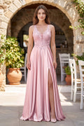 A-Line V-Neck Satin Mother of the Bride Dress with Slit - Curvevia