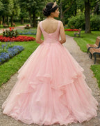 Pink A Line Organza Floor-Length Prom Dress with Appliqued - Curvevia