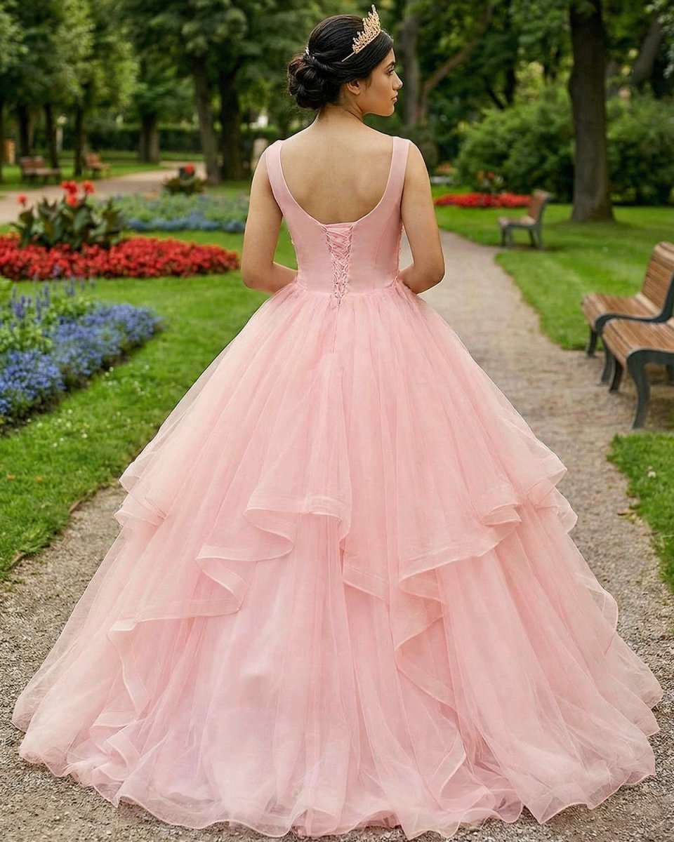 Pink A Line Organza Floor-Length Prom Dress with Appliqued - Curvevia