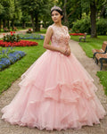 Pink A Line Organza Floor-Length Prom Dress with Appliqued - Curvevia