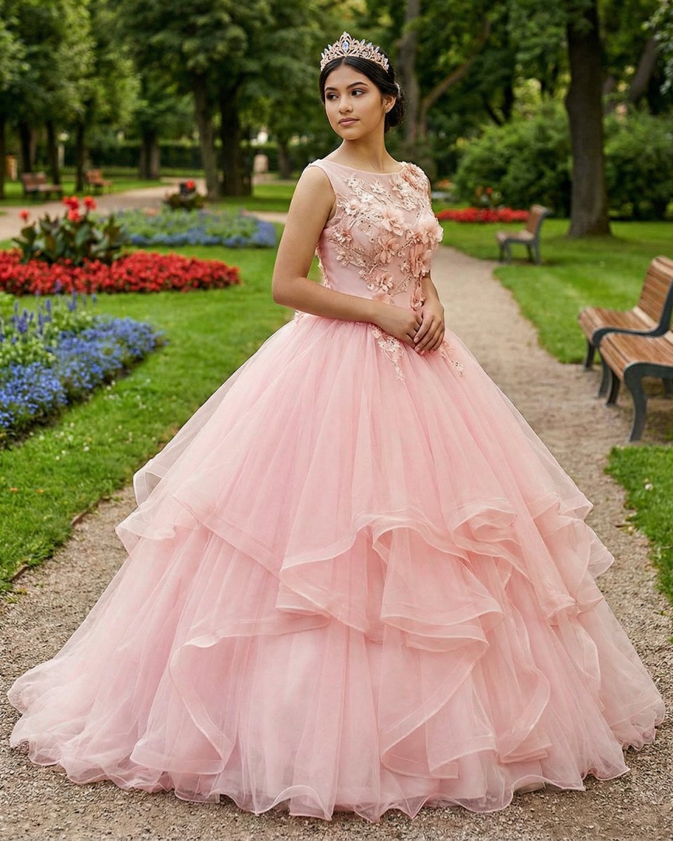 Pink A Line Organza Floor-Length Prom Dress with Appliqued - Curvevia