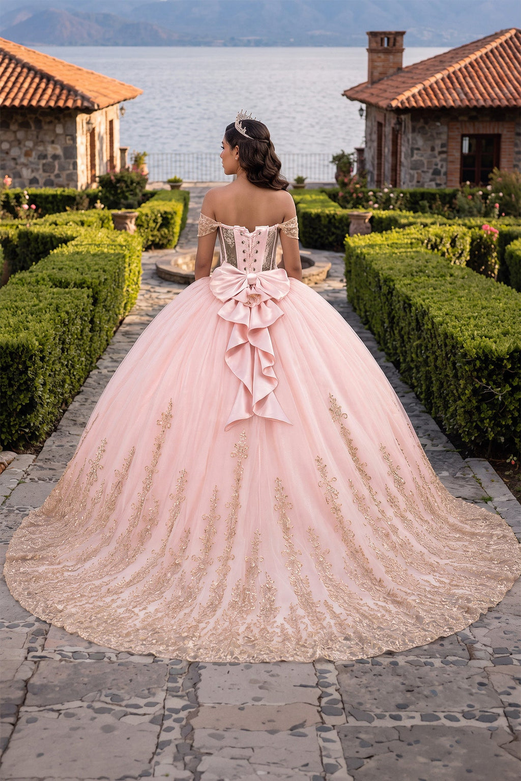 Pink Ball Gown Tulle Off-the-Shoulder Quinceanera Dress with Sequins - Curvevia