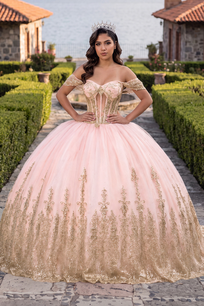 Pink Ball Gown Tulle Off-the-Shoulder Quinceanera Dress with Sequins - Curvevia