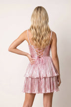 Black Spaghetti Straps A Line Metallic Pleated Short Wedding Guest Dress With Beading - Curvevia