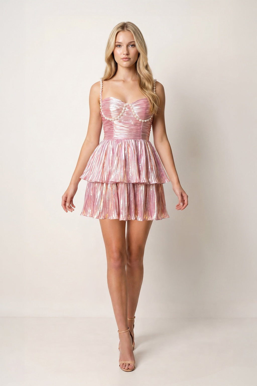 Black Spaghetti Straps A Line Metallic Pleated Short Wedding Guest Dress With Beading - Curvevia
