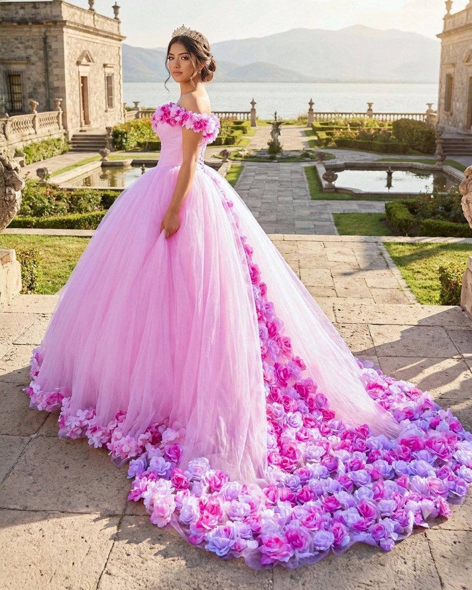 Pink Cathedral Train 3D Flowers Applique Wedding Gown Quinceanera Dresses - Curvevia