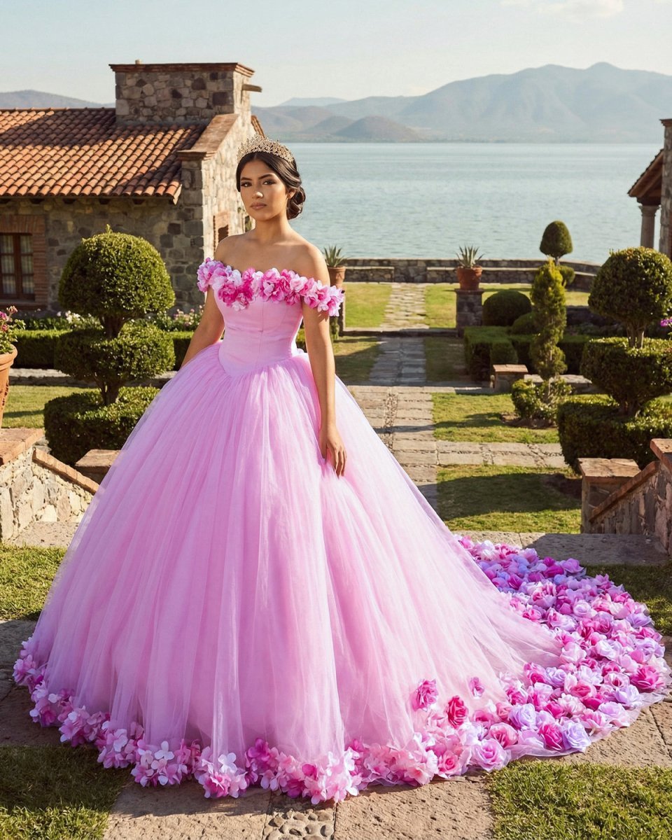 Pink Cathedral Train 3D Flowers Applique Wedding Gown Quinceanera Dresses - Curvevia