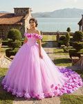 Pink Cathedral Train 3D Flowers Applique Wedding Gown Quinceanera Dresses - Curvevia