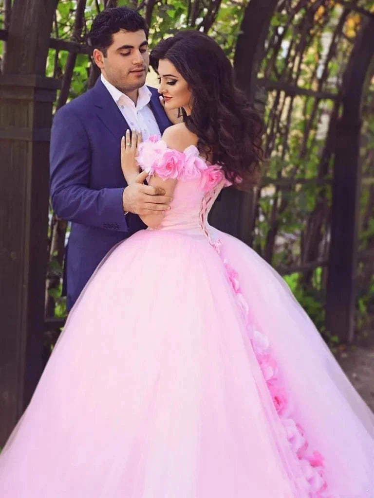 Pink Cathedral Train 3D Flowers Applique Wedding Gown Quinceanera Dresses - Curvevia