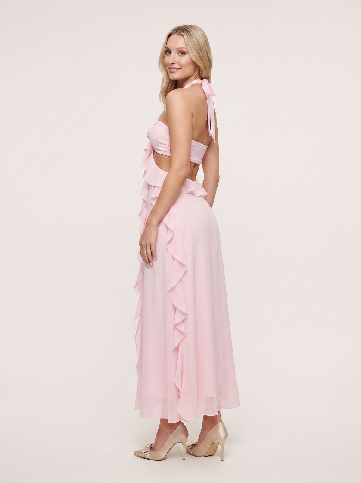 Blushing Pink Chiffon Mermaid Halter neckline Backless Floor-Length Dress with Pleated Bodice and Ruffles - Curvevia