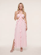 Blushing Pink Chiffon Mermaid Halter neckline Backless Floor-Length Dress with Pleated Bodice and Ruffles - Curvevia
