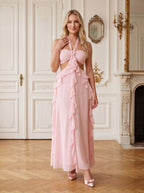 Blushing Pink Chiffon Mermaid Halter neckline Backless Floor-Length Dress with Pleated Bodice and Ruffles - Curvevia