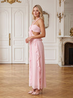 Blushing Pink Chiffon Mermaid Halter neckline Backless Floor-Length Dress with Pleated Bodice and Ruffles - Curvevia