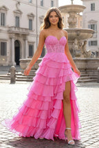 Royal Blue Chiffon Sweetheart Ruffle Tiered Long Prom Dress - Curvevia