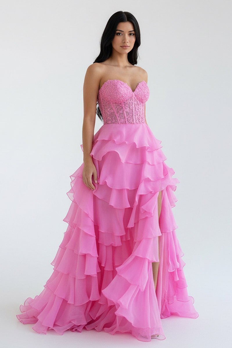 Royal Blue Chiffon Sweetheart Ruffle Tiered Long Prom Dress - Curvevia