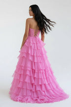 Royal Blue Chiffon Sweetheart Ruffle Tiered Long Prom Dress - Curvevia