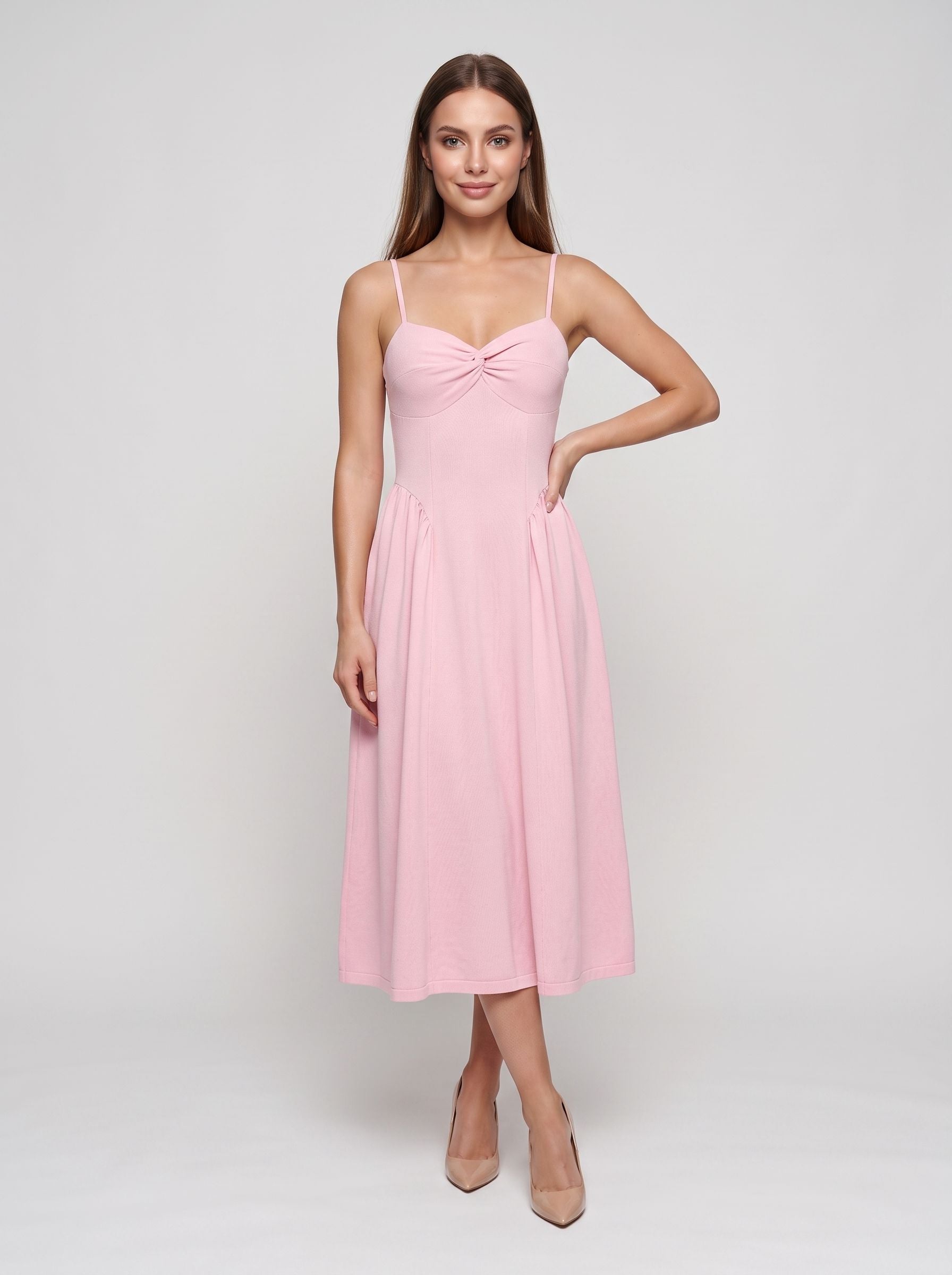 Petal Stretch Knit A-Line V-Neck Backless Midi Dress with Twist Bust Detail and Pockets - Curvevia